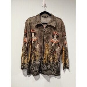 Valentina Full Zip Top Womens 2X Sheer Animal Print Lightweight Travel Vacation